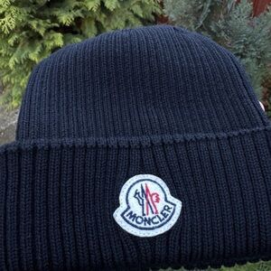 Moncler Black Ribbed Knit Beanie with Logo Patch